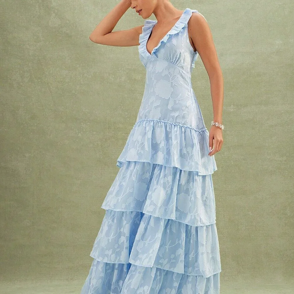 Blue Elegant Women's Floral Textured Tiered Ruffle Maxi Dress - Picture 5 of 5